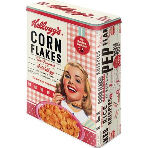 Kellogg's Corn Flakes, Woman Eating, Bakery Sign, Lata Vintage, Coffee Storage, Nostalgic Art, Corn Flakes, Retro Recipes, Vintage Tins