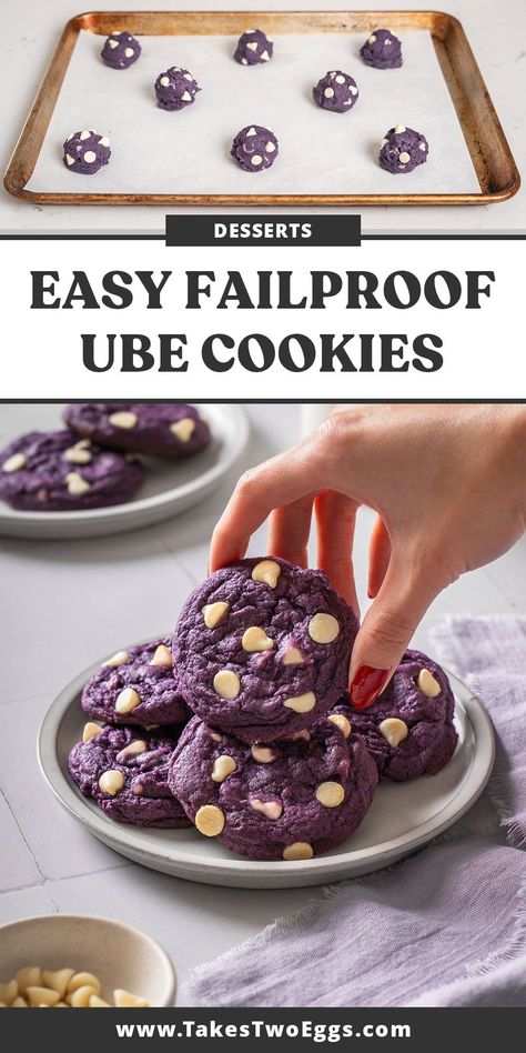 Soft, and chewy ube cookies feature sweet and nutty ube flavor and white chocolate chips. This Filipino fusion twist on a classic chocolate chip cookie is one you don’t want to miss! Ube Cookies Filipino Desserts, Ube Cookies Chocolate Chips, Easy Ube Dessert, Ube Coconut Cookies, Lavender Earl Grey Cookies, Ube Cookies Recipes, Ube White Chocolate Chip Cookie, Ube Cookie Recipe, Ube Recipes Filipino Desserts