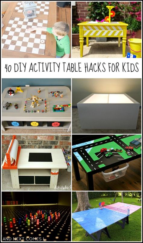 40 DIY activity table hacks for kids, including LEGO tables, light tables, art tables, & more! from And Next Comes L Diy Activity Table, Diy Kids Art Table, Lego Tables, Diy Light Table, Art Tables, Diy Tipi, Kids Art Table, Kids Craft Tables, Diy Teepee