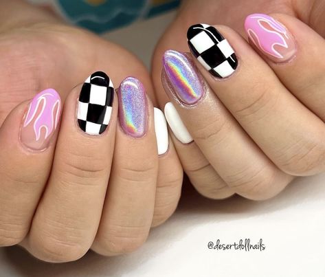 Chrome Nails With Design, Easy Pride Nails, Patterned Nails, Nail Ideas Trendy, Fun Nail Designs, Pride Nails, Black And White Nails, Checkered Nails, Western Nails