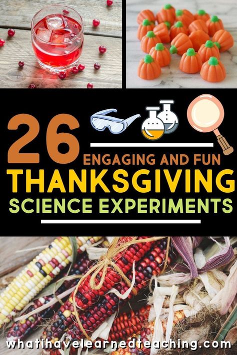 These Thanksgiving Themed Science Activities are great throughout the month of November. Engage elementary students in learning about physical science, life science, and earth science with topics about pumpkin volcanos, slime, reversible and irreversible changes, and more! Here are 26 Thanksgiving Science Experiments for your little scientists. Thanksgiving Science Experiments, Thanksgiving Science Activities, Reversible And Irreversible Changes, Turkey Science, Dancing Corn, Thanksgiving Homeschool, Thanksgiving Science, Scientific Method Experiments, Thanksgiving Stem Activities