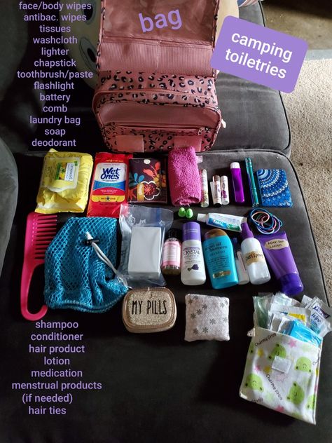 My personal toiletry list for camping with a bathhouse available. Camp Toiletries, Camping Toiletries, List For Camping, Camping Packing Hacks, Camping Trip Essentials, Family Glamping, Camping Festival, Camping Bathroom, Camping Menu