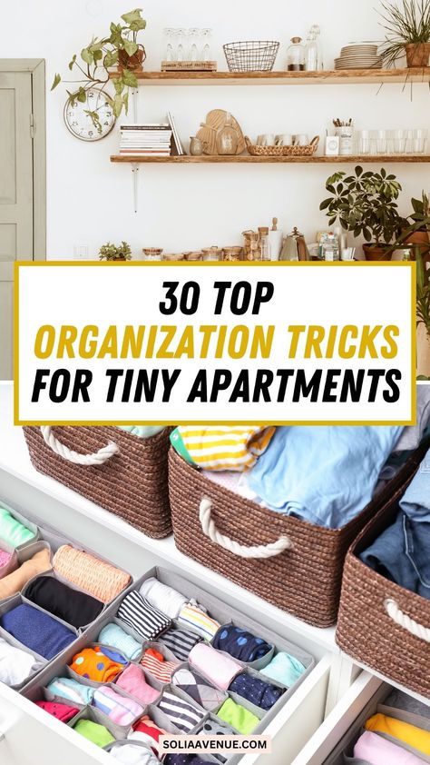 Transform your compact space with our brilliant small apartment organization hacks. Explore chic and practical small apartment organization ideas that make your bedroom and living room look spacious and inviting. Rent Friendly Organization, Utilize Small Space, Small Space Hacks Tiny Apartments, Small Space Organization Hacks, Renter Hacks Apartments Small Spaces, Tiny Home Essentials, Studio Apartment Organization Ideas, Small Apartment Organizing, Aesthetic Storage Ideas