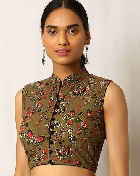 Buy Olive Green Indie Picks Kalamkari Print Sleeveless Cotton Blouse Kalamkari Blouse Designs, Sari Blouses, Sleeveless Blouse Designs, Kalamkari Print, Kalamkari Blouse, Blouse Designs High Neck, Cotton Blouse Design, Olive Green Blouse, Sari Blouse Designs