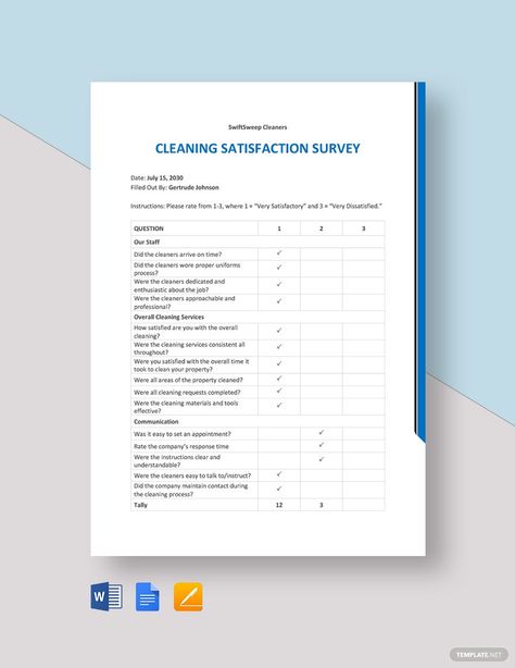 Free Cleaning Service Customer Satisfaction Survey Template Customer Satisfaction Survey Template, Survey Template, Cleaning Business, Workplace Safety, Templates Downloads, Google Docs, Word Template, Word Doc, Microsoft Word