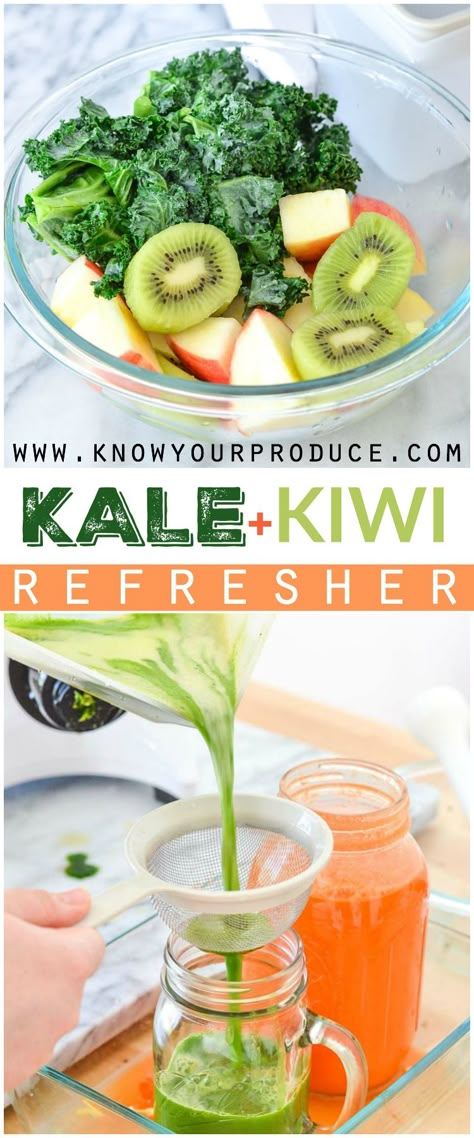 Kiwi Refresher, Refresher Recipes, Kiwi Recipe, Kale Juice Recipes, Salad Carrot, Cold Pressed Juice Recipes, Recipes Kale, Carrot Ginger Dressing, Kiwi Recipes