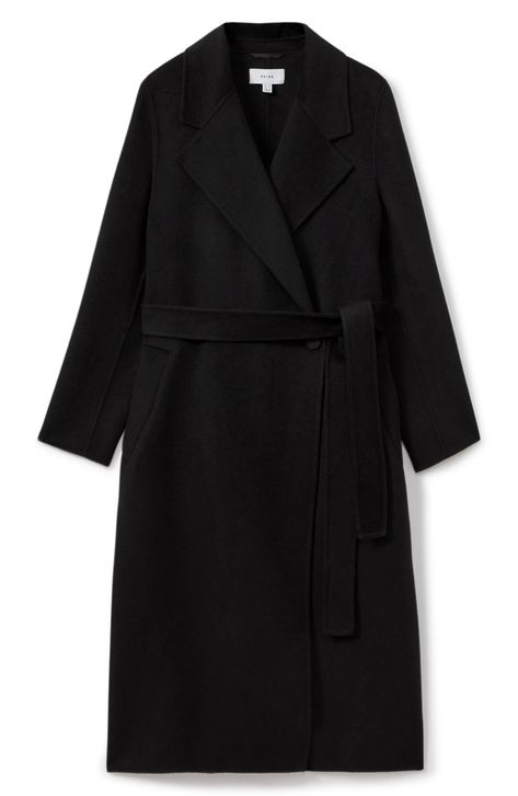 Sleek and sophisticated, this longline belted coat is made from a double-faced, splittable wool blend for a supremely soft interior that matches the exterior. Due to this unique dual construction, blind-seam coats remain warm and comfortable without needing a lining. 45" length (size 8) Front button closure Notched lapels Button-tab cuffs Side welt pockets Removable tie belt Back vent Unlined 82% wool, 18% polyester Dry clean Imported Black Coat Outfit, Long Black Coat, Longline Coat, Black Wool Coat, Clothing Pieces, Belted Coat, Wool Blend Coat, Coat Outfits, Black Wool