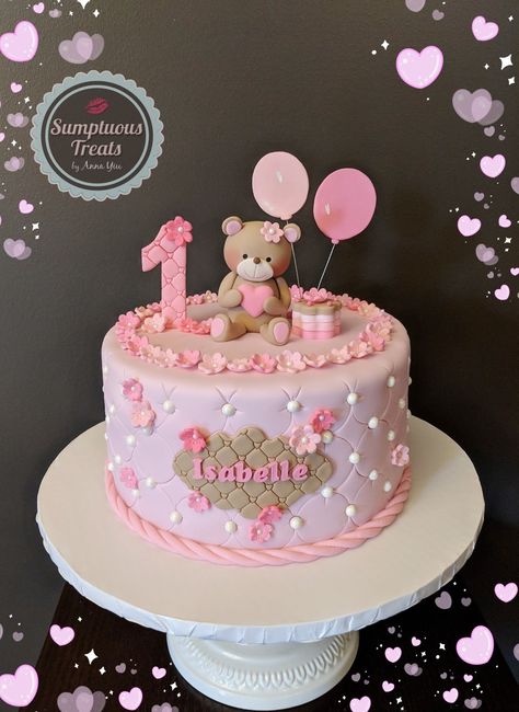 Teddy's Pink 1st Birthday Cake #pinkcakes #circlepattern #1stbirthdaycakes #fondantcakes #customcakestoronto #cutecakesart #teddybear #teddybearcake #lemonraspberry www.instagram.com/sumptuoustreats Pink 1st Birthday Cake, 1st Birthday Cake Designs, Teddy Bear Birthday Cake, Baby 1st Birthday Cake, Simple Birthday Cake Designs, Pink 1st Birthday, Girls First Birthday Cake, Teddy Cakes, 1st Bday Cake