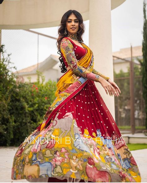 Red Georgette Lehenga, Long Frocks For Girls, Lehenga And Blouse, Kalamkari Dresses, Kalamkari Fabric, Haldi Outfits, Half Saree Lehenga, Latest Blouse Designs Pattern, Georgette Lehenga