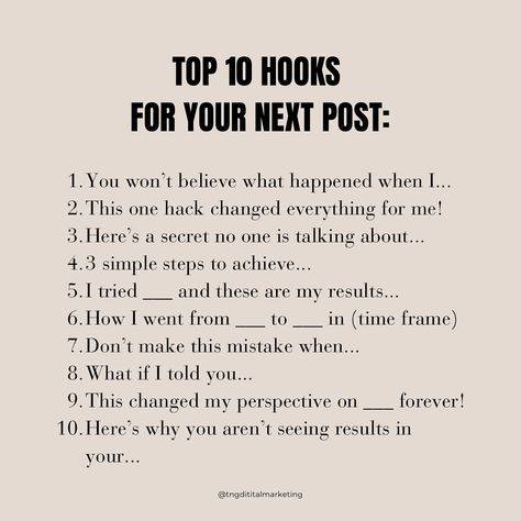 Top 10 Viral Hooks To Use For Your Next Post How do you get somebody to slow their scroll? Hook ‘em! Here are 10 viral hooks to slow your ideal client’s scroll and grab their attention. If you liked these hooks then be sure to checkout our Digital Marketing Starter Kit! It has over 50 hooks just like these that will grab the readers attention and make them stay. Which one are you gonna use first? LMK below!👇✨ #SocialMediaTips #ViralHooks #ContentCreation #EngagementBoost #DigitalMarketing... Social Media Marketing Planner, Social Media Content Strategy, Social Media Content Planner, Social Media Marketing Instagram, Media Influence, Youtube Channel Ideas, Social Media Marketing Plan, Social Media Marketing Content, Content Planner