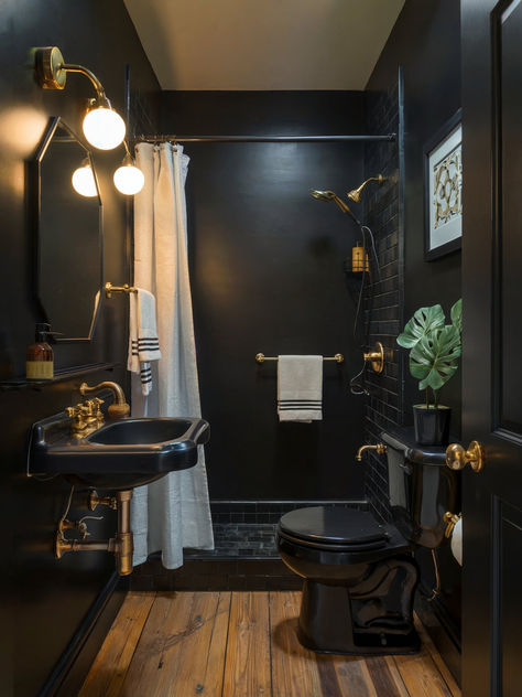 Moody Hotel Bathroom, Black Bathroom Floor Ideas, Practical Bathroom Ideas, Moody Basement Bathroom, Moody Small Bathroom Ideas, Bathroom Aesthetic Dark, Bathroom Mood Lighting, Small Bathroom Dark Walls, Black Toilet Bathroom Ideas