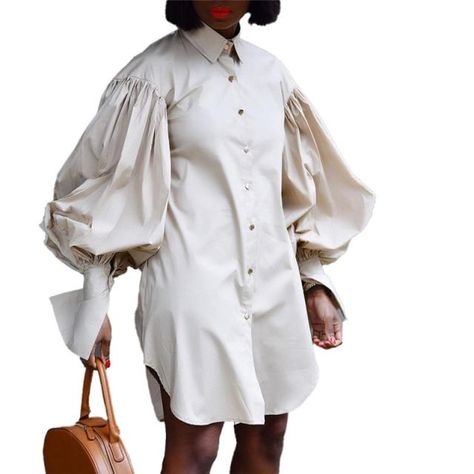 The Best Accessory S / Beige Elegant Lantern Sleeve Blouse Stand Collar Shirt, Button Shirt Dress, Straight Clothes, Puff Sleeve Shirt, Mode Casual, Fashion Elegant, Solid Color Shirt, Turndown Collar, Long Shirt Dress