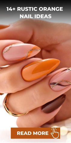 Orange Fall Nails Almond Shape, Rust Colour Nails, Orange Inspired Nails, Orange Matte Nails Design, Fall 24 Nails, Rustic Orange Nails, Brown And Orange Nails Fall, Orange Nails With Design, Orange Autumn Nails