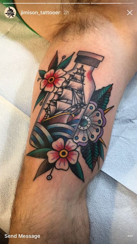 Ship Tattoos, Sailor Tattoos, Traditional Tattoo Flowers, Traditional Style Tattoo, Bottle Tattoo, Nautical Tattoo, Tattoo Traditional, Ship Tattoo, Traditional Tattoo Design