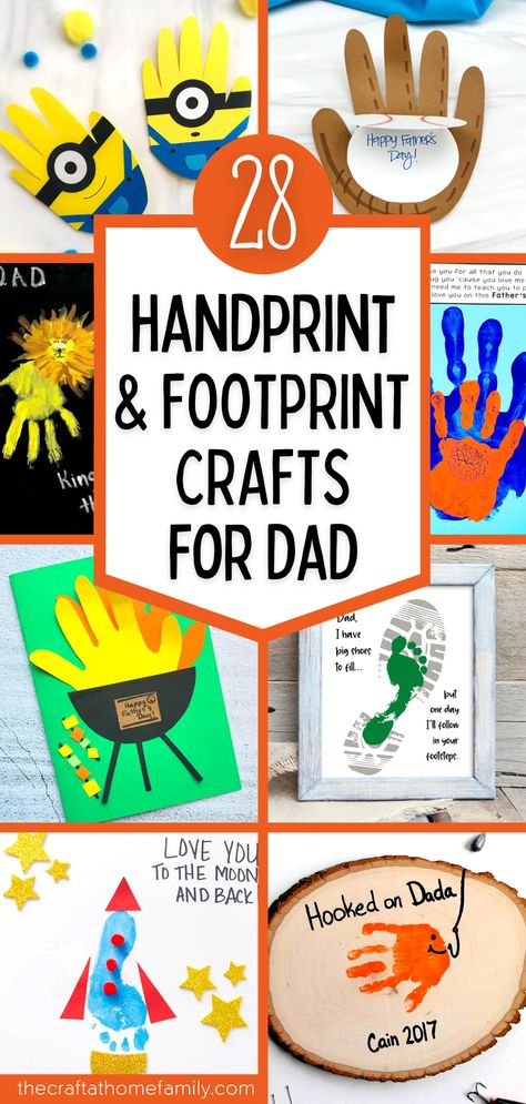 Collage of Father's Day handprint and footprint crafts, with the words "28 Handprint & Footprint Crafts for Dad" Father’s Day Crafts For Preschool Kids, Dad Birthday Crafts Toddler, Dads Day Crafts Preschool, Father’s Day Cards Handprints, Easy Toddler Fathers Day Crafts, Father’s Day Crafts For Toddlers Easy, Father’s Day Card With Handprint, One Year Old Fathers Day Craft, Fathers Crafts For Toddlers