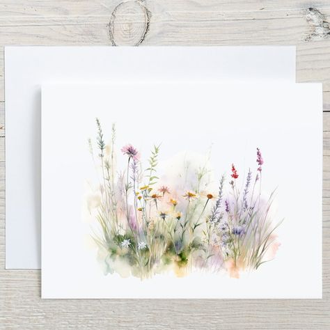 FearlessAesthetics - Etsy Watercolor Sympathy Cards Handmade, Easy Watercolor Cards, Watercolor Wedding Cards, Watercolor Field, Watercolor Meadow, Watercolor Wild Flowers, Wildflower Watercolor, Field Of Wildflowers, Watercolor Wildflowers