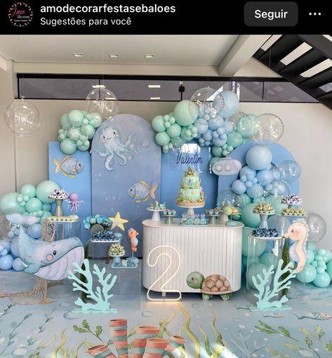 Ocean Theme Party Decorations Diy, Under The Sea Theme Decorations, Ocean Themed First Birthday Boy, Sea Animals Birthday Party Ideas, Ocean Theme Birthday Party, Aquarium Birthday, Ocean Theme Party Decorations, Under The Sea Theme Party, Sea Birthday Party Decorations