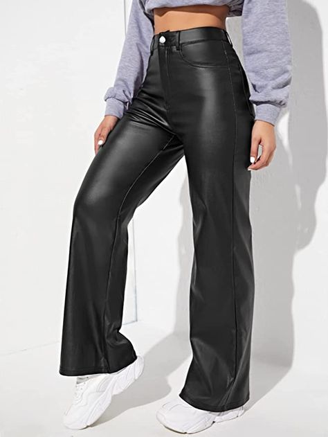 Leather Look Jeans, Lederhosen Outfit, Leather Pants Outfit, Jean Large, Body Suit Outfits, Black Leather Pants, Leather Pant, Leather Jeans, Pantalon Large