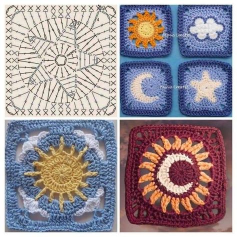 Granny Square Crochet Blankets, Sun And Moon Granny Square Pattern, Moon Crochet Granny Square, Sun And Moon Crochet Square, Moon Crochet Granny Square Pattern, Crochet Sun Granny Square, Moon Granny Square, Crochet Star Patterns, Spiral Crochet