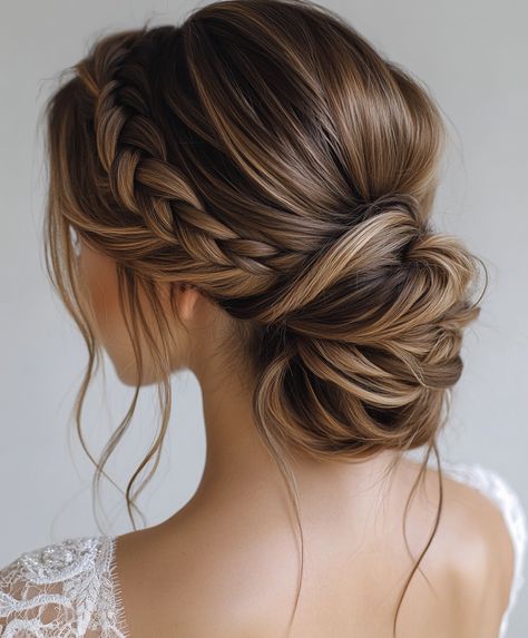 👸 Glamorous Braids Updo Hairstyle: Effortless Wedding Guest Braided Hairstyles Look Gala Updo Long Hair, Braid Low Bun, Bridal Updo With Braid Low Buns, Braided Wedding Updo, Wedding Guest Updo With Braid, Wedding Guest Updo Thick Hair, Bridesmaid Updo Hairstyles Medium, Wedding Guest Updos For Long Hair, Loose Braided Bun Wedding Hair