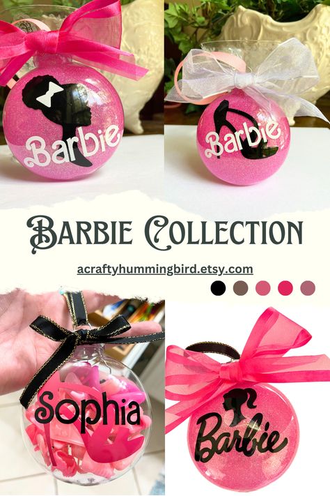 Barbie Christmas Ornaments Diy, Barbie Themed Christmas Tree, Diy Barbie Ornaments, Barbie Ornaments Diy, Barbie Christmas Tree Ideas, Barbie Tree, Pink Barbie Doll, Bauble Ideas, Girls Activities