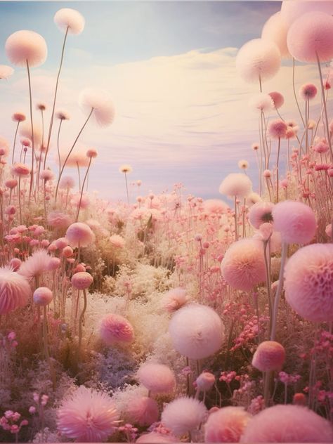 Surreal landscape with wildflowers Dream Inspired Art, Dreamscapes Aesthetic, Sitting Area Decor Ideas, 3d Dreamscape, Pink Dreamy Aesthetic, Dreamy Surrealism, Sitting Area Decor, Surrealism Background, Dreamscape Aesthetic