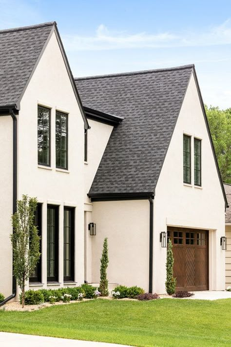 Black Shingles Roof Exterior Colors, Cream House Exterior, Modern Ranch Exterior, White Stucco House, Roof Shingle Colors, Creek Bridge, Bridge House, Shoji White, Brown Roof