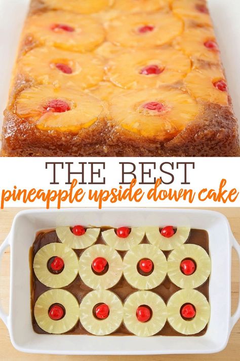 Pineapple upside down cake is a classic dessert that is so soft and moist, filled with the perfect amount of pineapple flavor! #pineappleupsidedowncake #pineapple #pineappleupsidedown #pineapplecake #cake 9x13 Pineapple Upside Down Cake, Pineallpe Upside Down Cake, Homemade Upside Down Pineapple Cake Recipes, Small Upside Down Pineapple Cake, Upside Pineapple Cake, Pineapple Upside Down Sheet Cake, Pineapple Upside Down Poke Cake, Pineapple Upside Down Cake Recipe 9x13, Pineapple Upside Down Cake Recipe From Scratch