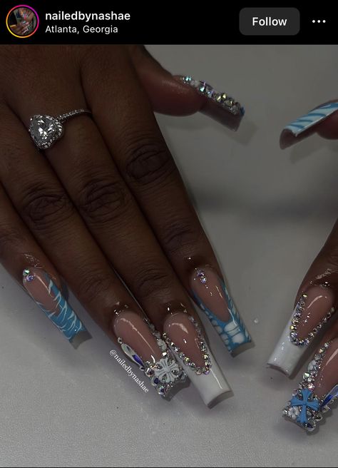 White And Light Blue Nails, Blue White And Silver Nails, Sweet 16 Nails, 16 Nails, 16 Outfits, Blue Prom Nails, Sweet 16 Outfits, Light Blue Nails, White And Silver Nails