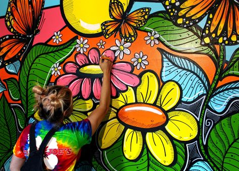 Floral | Murals Outside Mural, Flower Mural Wall, Flower Murals, Library Mural, Floral Murals, Outdoor Kids Play Area, Mural Artist, Art Motivation, Flower Mural