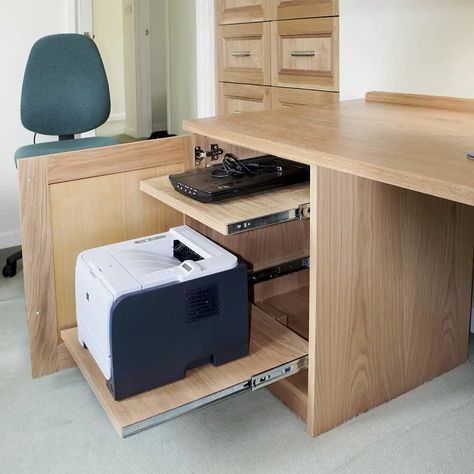 Fitted Office Furniture, Home Study Design, Printer Drawer, Home Office Furniture Design, Home Office Layouts, Office Built Ins, Printers Drawer, Home Office Table, Office Nook