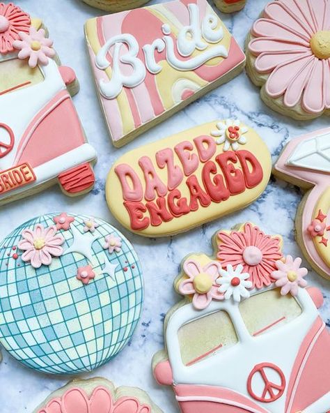 Groovy Bachelorette Cookies, 70s Themed Cookies, Dazed And Engaged Cookies, Retro Cookies, Bachelorette Party Cookies, Bride Cookies, Diy Bridesmaid Gifts, Bachelorette Cookies, Retro Bachelorette