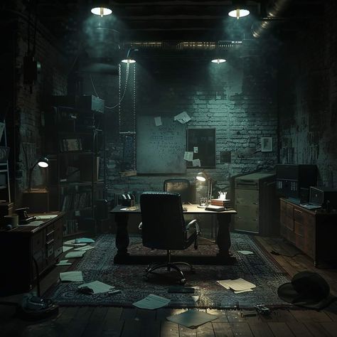 Daredevil Apartment, Basement Dark Aesthetic, Resident Evil Environment, Black Market Concept Art, Horror Environment Concept Art, Noir Detective Office, Hideout Aesthetic, Police Interrogation Room, Investigation Room