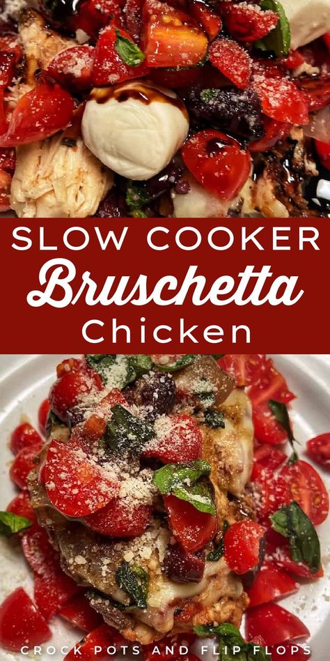 Dinner can be a real challenge, and aiming for semi-healthy options adds another layer of difficulty. Simplify things with this slow cooker bruschetta chicken recipe from Crock Pots And Flip Flops. Just toss chicken into the crockpot with tomatoes, garlic, salt, and pepper, and let it slow cook all day. Once the chicken is done, simply top it with fresh tomatoes, basil, and mozzarella cheese for an easy and wholesome meal. Chicken Bruschetta Recipe, Crockpot Chicken Healthy, Slow Cooker Chicken Thighs, Keto Gluten Free, Crock Pots, Best Crockpot Recipes, Bruschetta Chicken, Slow Cook, Healthy Slow Cooker