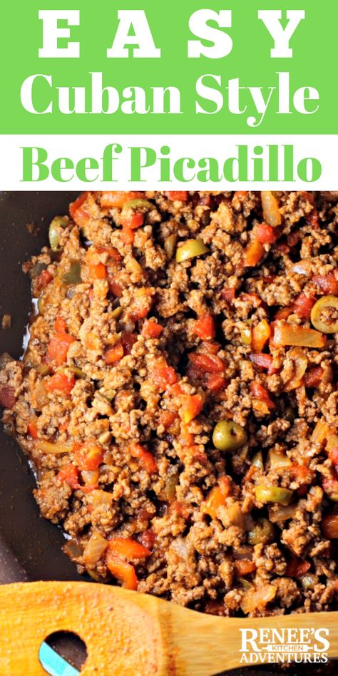 Easy Cuban Style Beef Picadillo Recipe by Renee's Kitchen Adventures  - Easy and healthy ground beef recipe full of flavor! Made in one skillet for an easy weeknight dinner idea. Serve with brown rice for a complete meal. #picadillo #cubanfood #cubanstylepicadillo #recipeswithgroundbeef Beef Picadillo, Picadillo Recipe, Beef Food Recipes, Beef Recipes For Dinner Easy, Cuban Dishes, Ground Beef Recipe, Dinner Recipes With Ground Beef, Healthy Beef Recipes, Healthy Ground Beef