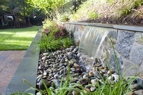 Water feature within a wall design in North Arlington, VA. Backyard Retaining Walls, Large Backyard Landscaping, Patio Design Ideas, Small Water Features, Backyard Garden Landscape, Patio Projects, Backyard Water Feature, Waterfalls Backyard, Arlington Va