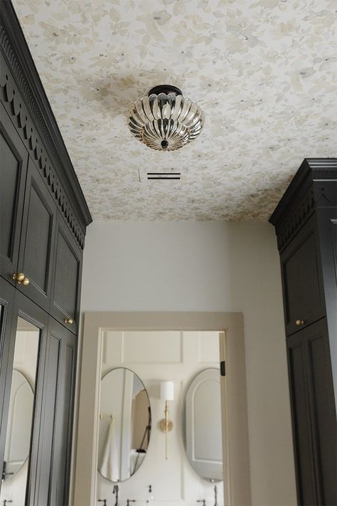 The Big Closet Reveal Blue Master Closet, Victorian Closet Ideas, Closet Wallpaper Ceiling, Closet Ceiling Wallpaper, Master Closet Wallpaper, Vintage Closet Ideas, Wallpaper Closet Ideas, Closet Flooring Ideas, Wallpaper In Closet