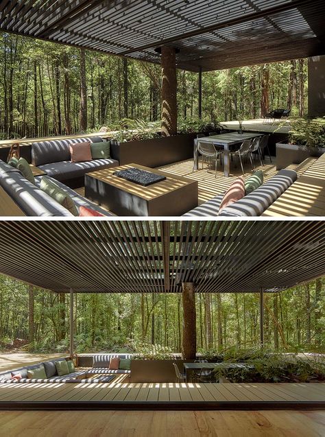 A Covered Outdoor Conversation Pit Makes Room For A Lounge, Fire Table, Planters, And A Dining Area Outdoor Conversation Pit, Conversation Pit, Hotel Lounge, Modern Mexican, Outdoor Living Decor, Concrete Garden, Outdoor Diy Projects, Deck Ideas, Fire Table