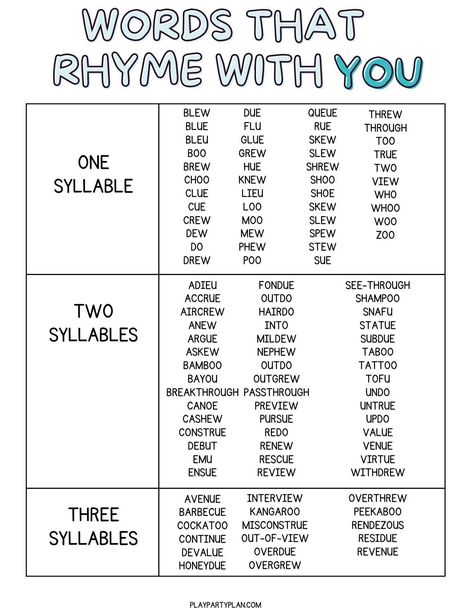 The ultimate list of words that rhyme with you for poems, invitations, scavenger hunts, and more! Printable Calendar Free, Calendar Free Printable, Kids Summer Activities, List Of Words, Scavenger Hunt For Kids, Free Printable Gift Tags, Printable Gift Tags, Scavenger Hunts, Free Printable Calendar