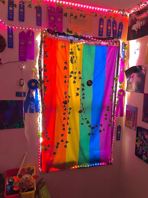 Room Ideas Kidcore, Pride Flag Aesthetic Room, Pride Room Aesthetic, Pride Flag In Room Aesthetic, Pride Flag On Wall, Pride Flag In Room, Lesbian Bedroom Ideas, Dreamcore Bedroom, Room Ideas Alt