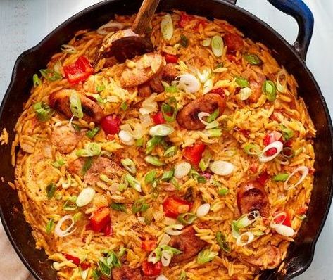 Cajun Orzo, Sausage Dinner Ideas, Orzo With Sausage, Easy Creole Recipes, Sausage Orzo, Cajun Sausage, Sausage Dinner, Cajun Creole Recipes, Orzo Recipes