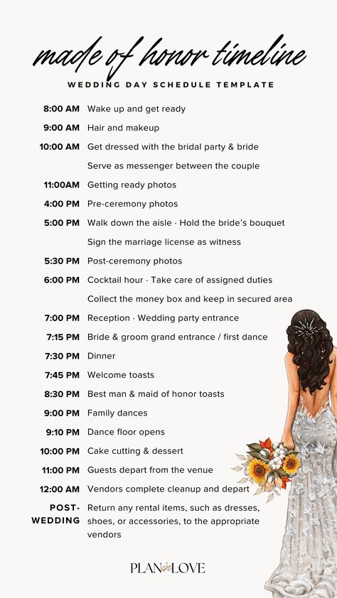 maid of honor duties | wedding day schedule | wedding planning | wedding day timeline | wedding day time line template  | wedding journey | wedding | plan in love Maid Of Honor Day Of Duties, Maid Of Honor Things To Do For Bride, Getting Ready Timeline Wedding Day, Maid Of Honor Wedding Day Checklist, Maid Of Honor Timeline, Maid Of Honour Duties, Maid Of Honor Ideas For The Bride, Made Of Honor Speech, Wedding Roles List