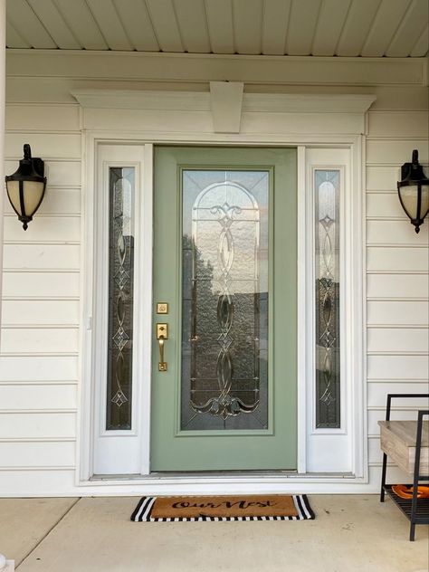 Coastal Plain Sherwin Williams, Sherwin Williams Coastal Plain, Sherwin Williams Coastal, Aqua Door, Coastal Exterior, Green Shutters, Green Front Doors, Front Door Makeover, Front Door Paint Colors