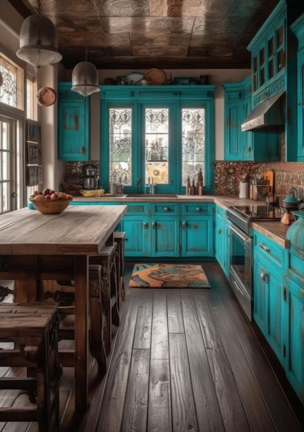 Turquoise Western Kitchen, Painting A Countertop, Turquoise Cabinets Kitchen, Kitchen Cabinets Turquoise, Turquoise Kitchen Ideas, Teal Cabinets Kitchen, Western Boho Kitchen, Turquoise Kitchen Cabinets, Siren Tattoos