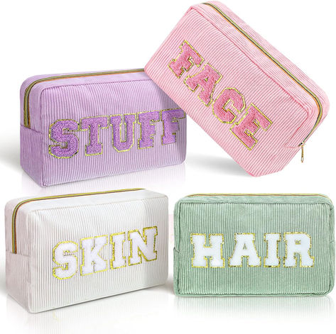 4 Pcs Makeup Bags Chenille Letter Patch Cosmetic Bag Portable Travel Zipper Pouch Small Organizer Makeup Bag Set for Women (Purple, Pink, White, Green, Fresh) Preppy Makeup Bag, Small Organizer, Preppy Makeup, Patch Bag, Organizer Makeup, Letter Bag, Pouch Makeup, Fresh Beauty, Birthday Gifts For Teens