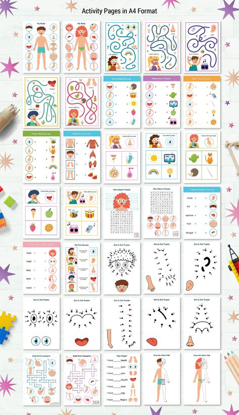 Body Parts Activity Pages on Behance Body Parts Activity, Body Parts Preschool Activities, Body Parts For Kids, Human Body Worksheets, Activity Pages For Kids, Diy Busy Books, Printable Puzzles For Kids, Kindergarten Reading Activities, Busy Activities