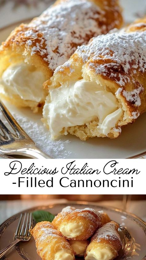 Bring a taste of Italy to your table with these cream-filled cannoncini! Light, crispy pastry paired with rich filling makes for a dessert that’s truly unforgettable. Creme Filled Pastries, Desserts That Dont Need To Be Refrigerated, Baking Ideas Unique, Canolis Recipe Italian Easy, Snow White Desserts, Marscapone Filling Recipes, Dessert For Brunch, Choix Pastry Recipe, Authentic Cannoli Recipe