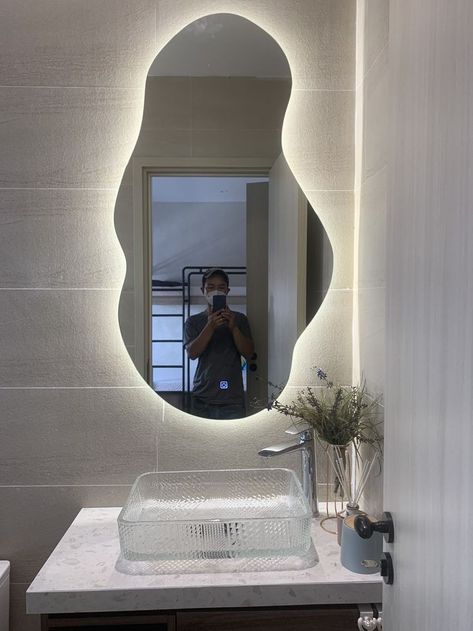 2 Mirrors On Wall Living Room, Mirrors In Living Room Ideas, Unique Bathroom Mirrors, Blob Mirrors, Funky Mirrors, Room Focal Point, Glamorous Interiors, Colourful Living Room Decor, House Dream