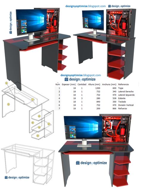 Construcción de Escritorio Gaming - Planos de Fabricación VISITA www.designyoptimize.blogspot.com para más diseños de muebles Best Pc Setup, Computer Desks For Home, Office Table Design, Video Game Room Design, Carpentry Diy, Study Room Decor, Wood Furniture Diy, Gaming Room Setup, Game Room Design