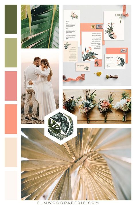 Weddings 2020 - Tropical Bohemian Wedding color combinations. This combination features lush cream, coral, pink, and greens. The wedding invitations are fresh and modern - perfect for tropical and destination weddings. Tropical Wedding Color Palette, Hummingbird Logo, Tropical Boho Wedding, Boho Wedding Colors, Logo Bird, Tropical Wedding Theme, Botanical Logo, Wedding Color Combinations, Blush Bridal Showers